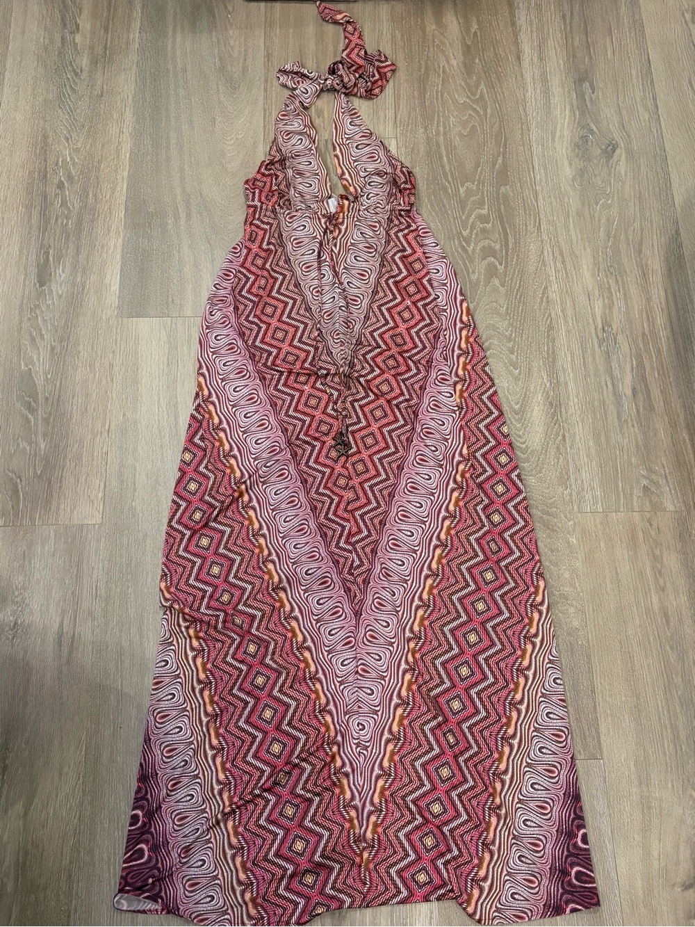 Halter Maxi Dress in Pink Geo Print